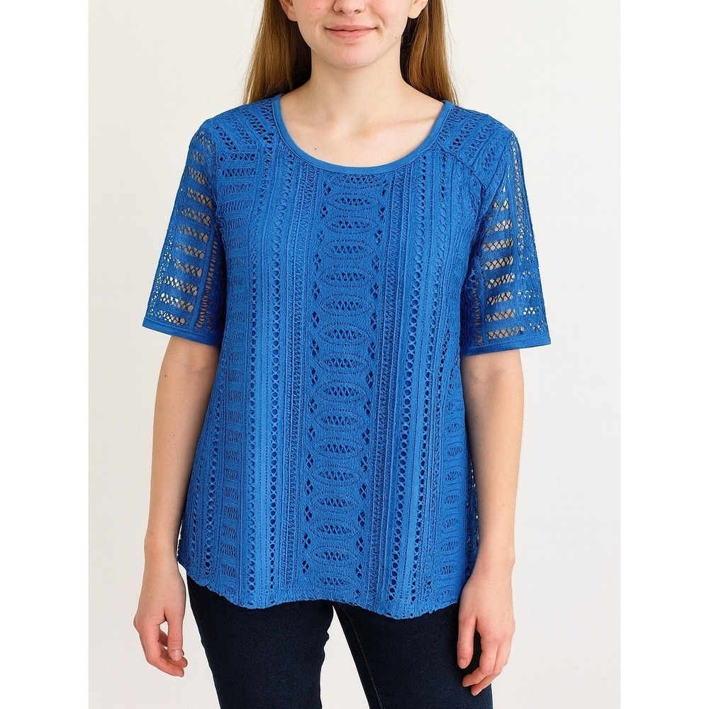 Dana Buchman Women's Small Blouse Top Short Sleeve Lace Blue Shirt Casual